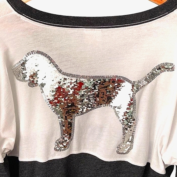 PINK VICTORIA'S SECRET LONG SLEEVE BLING DOG RHINESTONE SLEEVES CAMPUS TEE - Picture 6 of 7